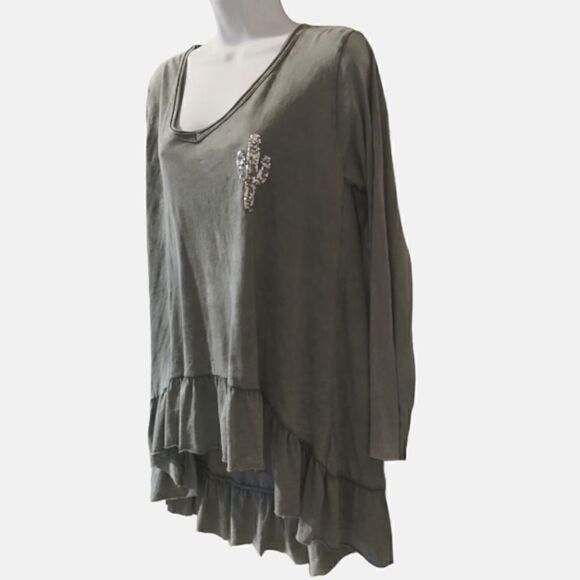 Tempo Paris Hi Low flounce hem gray cotton tunic cactus size M - Picture 4 of 7